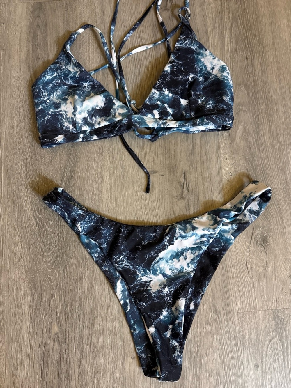 Zaful Blue & White Marble Swim Set